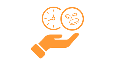 Pomarańczowa ikona ręki trzymającej zegar i trzy monety